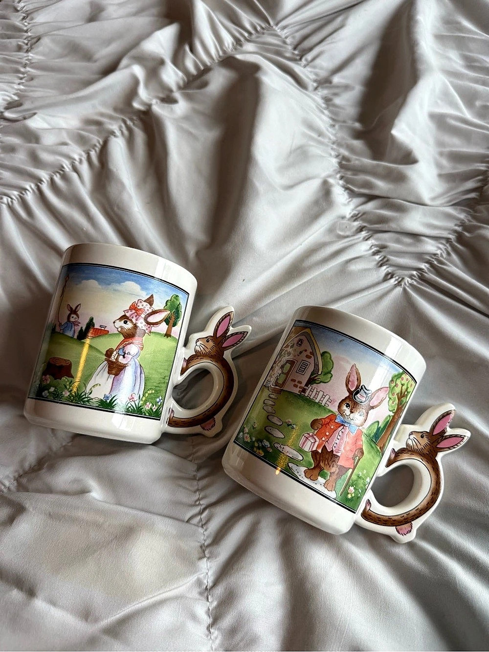 Rabbit Handle Mug Set of 2 White - Collectible Japanese China Set
